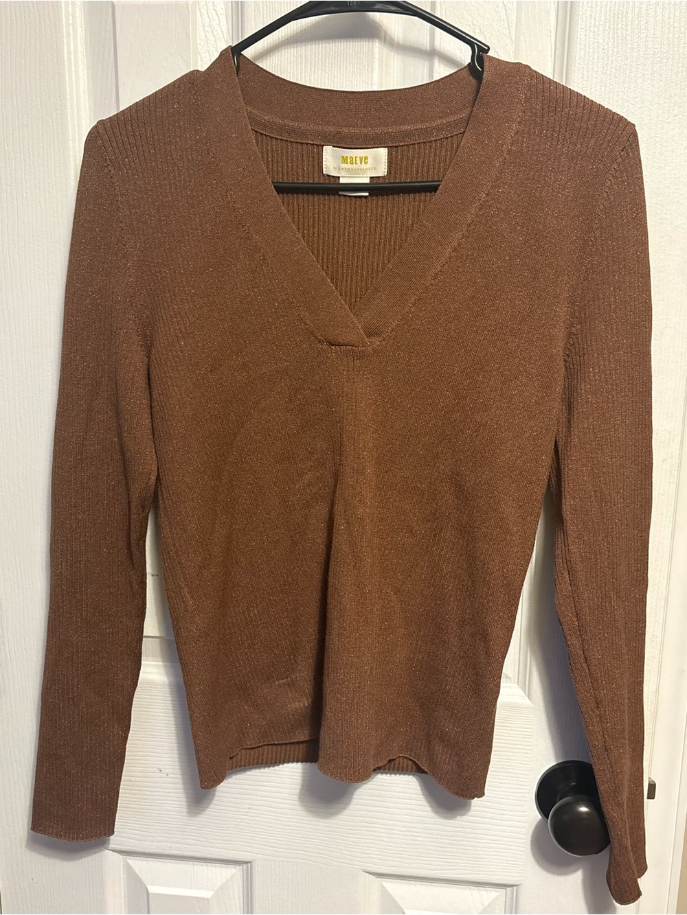 MAEVE Women's V-Neck Long Sleeve Brown Sweater with gold shimmer